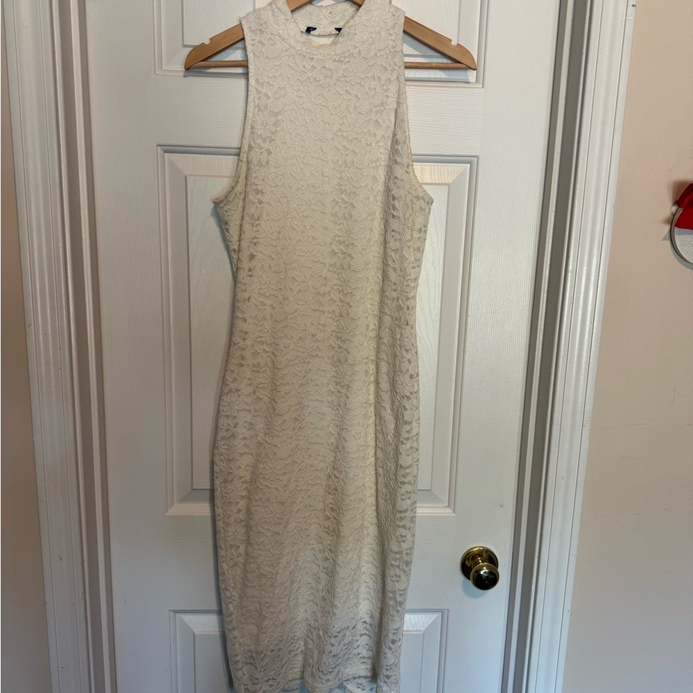 Express elegant lace form fitting Cream Sleeveless midi Dress